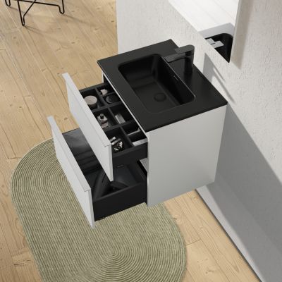 Meuble salle de bain suspendu, meuble vasque noire 2 tiroirs, Garantie 5 ans, Poignée Chrome -64x61x47cm- Blanc mat, LAVOA