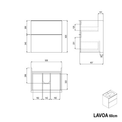 Meuble salle de bain suspendu, meuble vasque noire 2 tiroirs, Garantie 5 ans, Poignée Chrome -64x61x47cm- Blanc mat, LAVOA