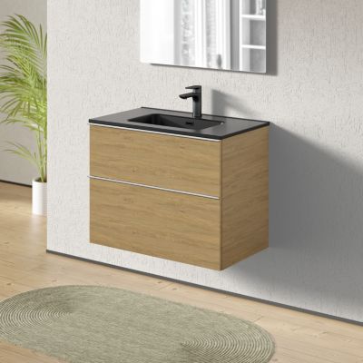 Meuble salle de bain suspendu, meuble vasque noire 2 tiroirs, Garantie 5 ans, Poignée Chrome -64x81x47cm- Chêne, LAVOA