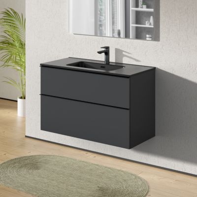 Meuble salle de bain suspendu, meuble vasque noire 2 tiroirs, Garantie 5 ans, Poignée Noir -64x101x47cm- Anthracite-LAVOA