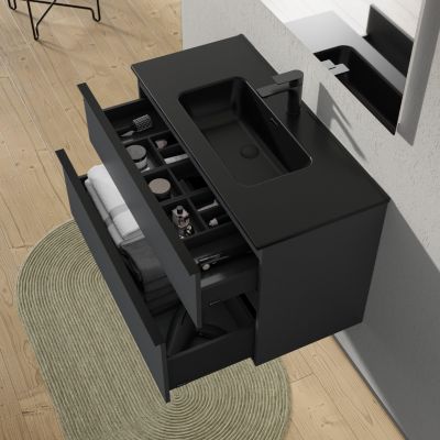 Meuble salle de bain suspendu, meuble vasque noire 2 tiroirs, Garantie 5 ans, Poignée Noir -64x101x47cm- Anthracite-LAVOA