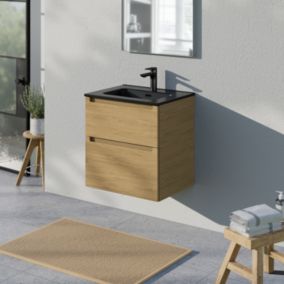 Meuble salle de bain suspendu, meuble vasque noire 2 tiroirs soft-close, Garantie 5 ans, 64x61x47cm, Chêne blanchi, VIREO