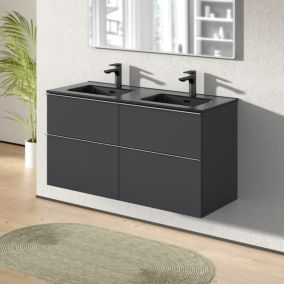 Meuble salle de bain suspendu, meuble vasque noire 4 tiroirs, Garantie 5 ans, Poignée Chrome -64x121x47cm- Anthracite-LAVOA