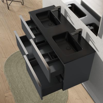 Meuble salle de bain suspendu, meuble vasque noire 4 tiroirs, Garantie 5 ans, Poignée Chrome -64x121x47cm- Anthracite-LAVOA
