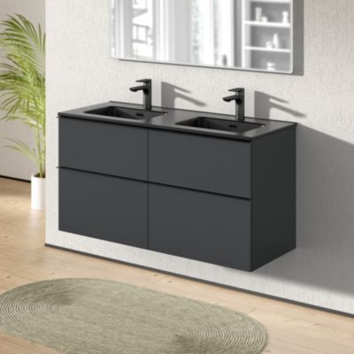 Meuble salle de bain suspendu, meuble vasque noire 4 tiroirs, Garantie 5 ans, Poignée métal Noir, 64x121x47cm, Anthracite, LAVOA