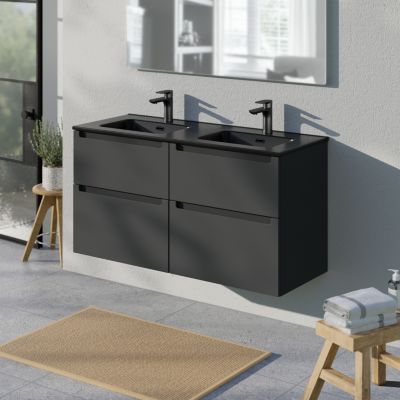 Meuble salle de bain suspendu, meuble vasque noire 4 tiroirs soft-close, Garantie 5 ans, 64x121x47cm, Anthracite mat, VIREO