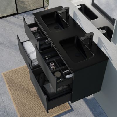 Meuble salle de bain suspendu, meuble vasque noire 4 tiroirs soft-close, Garantie 5 ans, 64x121x47cm, Anthracite mat, VIREO