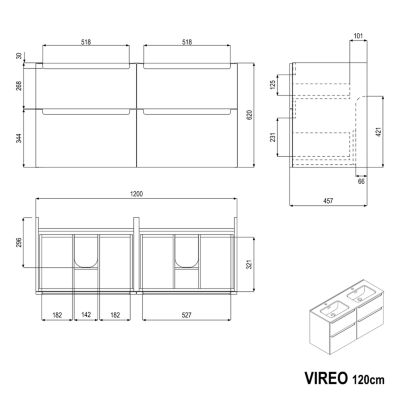 Meuble salle de bain suspendu, meuble vasque noire 4 tiroirs soft-close, Garantie 5 ans, 64x121x47cm, Anthracite mat, VIREO