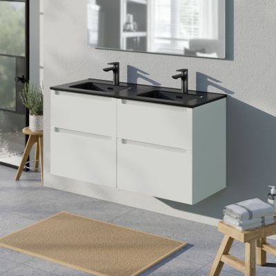 Meuble salle de bain suspendu, meuble vasque noire 4 tiroirs soft-close, Garantie 5 ans, 64x121x47cm, Blanc mat, VIREO