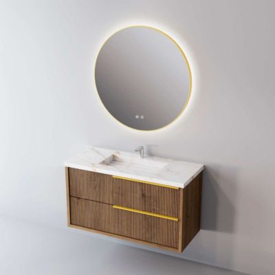 Meuble Salle de Bain TREND 61 cm x H54 x P45 cm, Plan Vasque Grès Cérame BS, 2 Tiroirs Impression 3D Poignée Or, Chêne Foncé
