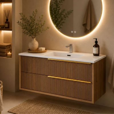 Meuble Salle de Bain TREND 61 cm x H54 x P45 cm, Plan Vasque Grès Cérame BS, 2 Tiroirs Impression 3D Poignée Or, Chêne Foncé