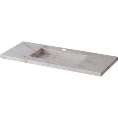 Meuble Salle de Bain TREND 61 cm x H54 x P45 cm, Plan Vasque Grès Cérame BS, 2 Tiroirs Impression 3D Poignée Or, Chêne Foncé