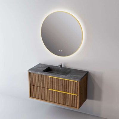 Meuble Salle de Bain TREND 81 cm x H54 x P45 cm, Plan Vasque Grès Cérame NA, 2 Tiroirs Impression 3D Poignée Or, Chêne Foncé