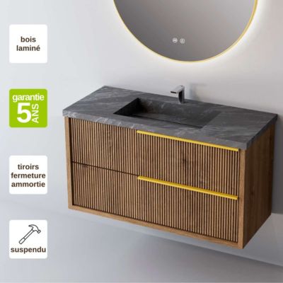 Meuble Salle de Bain TREND 81 cm x H54 x P45 cm, Plan Vasque Grès Cérame NA, 2 Tiroirs Impression 3D Poignée Or, Chêne Foncé