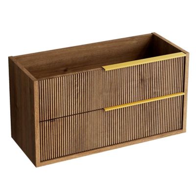 Meuble Salle de Bain TREND 81 cm x H54 x P45 cm, Plan Vasque Grès Cérame NA, 2 Tiroirs Impression 3D Poignée Or, Chêne Foncé