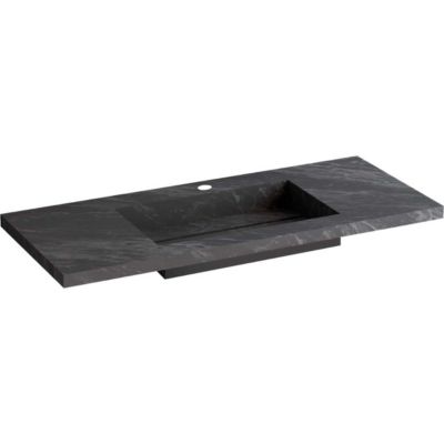 Meuble Salle de Bain TREND 81 cm x H54 x P45 cm, Plan Vasque Grès Cérame NA, 2 Tiroirs Impression 3D Poignée Or, Chêne Foncé