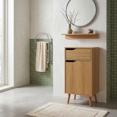 Meuble salle de bain vintage décor bois frêne 1 tiroir 1 porte - Nepal