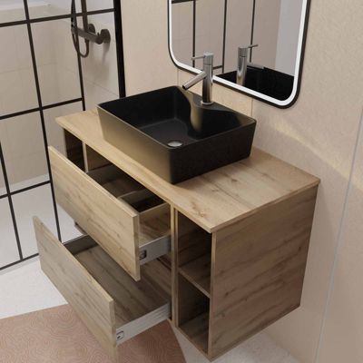 Meuble salle de bains 100 TIMBER Décor Chêne 2 Tiroirs Vasque Noire Rectangulaire Miroir LED 60x80