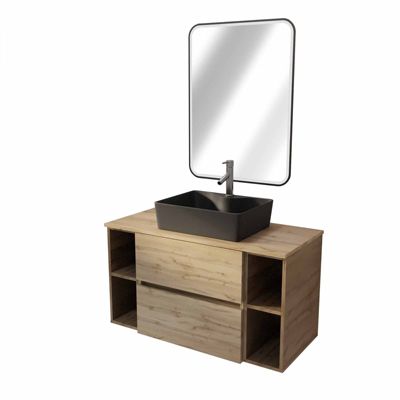 Meuble salle de bains 100 TIMBER Décor Chêne 2 Tiroirs Vasque Noire Rectangulaire Miroir LED 60x80