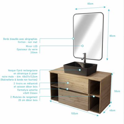 Meuble salle de bains 100 TIMBER Décor Chêne 2 Tiroirs Vasque Noire Rectangulaire Miroir LED 60x80