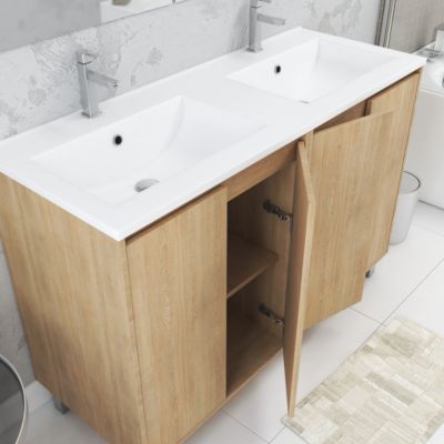 Meuble Salle de Bains 120 cm Chêne Clair 4 Portes, Vasque, Miroirs 60x80 à Leds intégrées - XENOS
