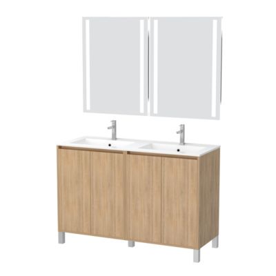 Meuble Salle de Bains 120 cm Chêne Clair 4 Portes, Vasque, Miroirs 60x80 à Leds intégrées - XENOS