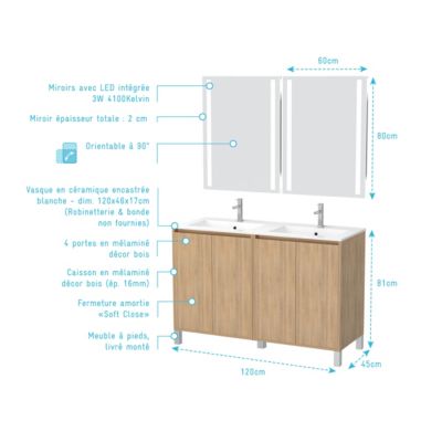 Meuble Salle de Bains 120 cm Chêne Clair 4 Portes, Vasque, Miroirs 60x80 à Leds intégrées - XENOS