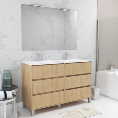 Meuble Salle de Bains 120 cm Chêne Clair 6 Tiroirs, Vasque, Miroirs 60x80 et Réglettes Led - XENOS