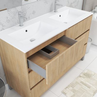 Meuble Salle de Bains 120 cm Chêne Clair 6 Tiroirs, Vasque, Miroirs 60x80 à Leds intégrées - XENOS