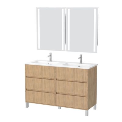 Meuble Salle de Bains 120 cm Chêne Clair 6 Tiroirs, Vasque, Miroirs 60x80 à Leds intégrées - XENOS