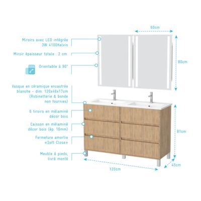 Meuble Salle de Bains 120 cm Chêne Clair 6 Tiroirs, Vasque, Miroirs 60x80 à Leds intégrées - XENOS