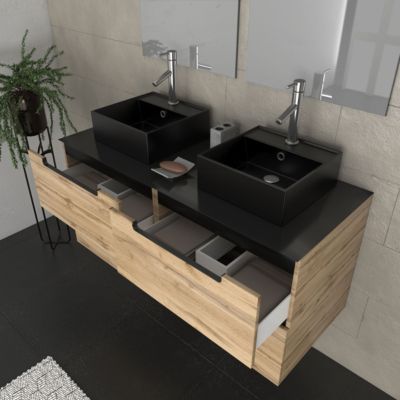 Meuble salle de bains 120cm Chêne et noir, Vasques carrées & Miroirs avec appliques 55x75 - OMEGA