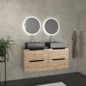 Meuble salle de bains 120cm Chene et noir, Vasques carrees et Miroirs Led Diam 50cm - OMEGA