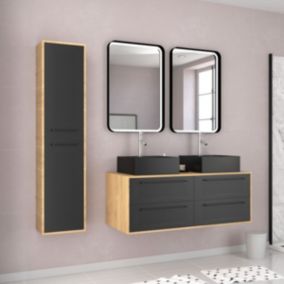 Meuble Salle de Bains 120cm - Vasques Carrees - Miroirs Led et Colonne - Chene naturel et Noir - UBY