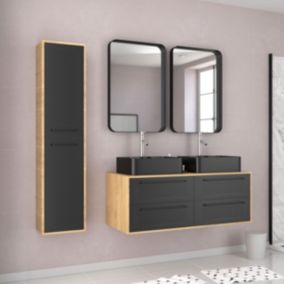 Meuble Salle de Bains 120cm - Vasques Rectangles - Miroirs et Colonne - Chene naturel et Noir - UBY