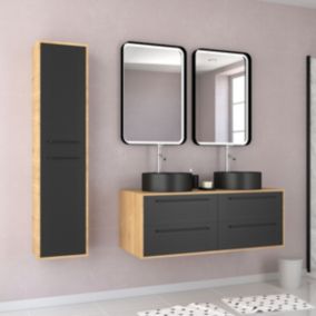 Meuble Salle de Bains 120cm - Vasques Rondes - Miroirs Led et Colonne - Chene naturel et Noir - UBY