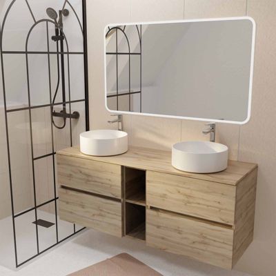 Meuble Salle de Bains 140 TIMBER Décor Chêne 4 Tiroirs et Module Vasques Blanches Miroir LED 120x70