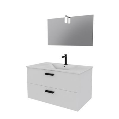 Meuble salle de bains 80 cm 2 Tiroirs Blanc avec Vasque blanche, miroir et applique Led - BOX LED