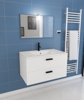 Meuble salle de bains 80 cm 2 Tiroirs Blanc avec Vasque blanche, miroir et applique Led - BOX LED