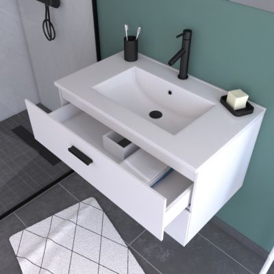 Meuble salle de bains 80 cm 2 Tiroirs Blanc avec Vasque blanche, miroir et applique Led - BOX LED