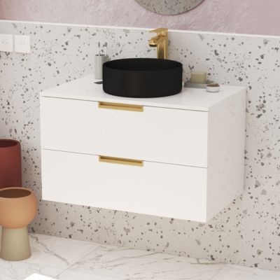 Meuble Salle de Bains 80 cm Laqué Blanc et Or Doré - 2 Tiroirs - Vasque Ronde à Poser Noire