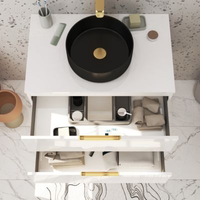 Meuble Salle de Bains 80 cm Laqué Blanc et Or Doré - 2 Tiroirs - Vasque Ronde à Poser Noire