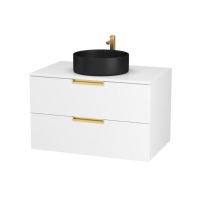 Meuble Salle de Bains 80 cm Laqué Blanc et Or Doré - 2 Tiroirs - Vasque Ronde à Poser Noire