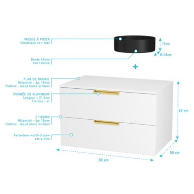 Meuble Salle de Bains 80 cm Laqué Blanc et Or Doré - 2 Tiroirs - Vasque Ronde à Poser Noire