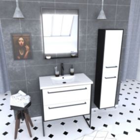 Meuble Salle de Bains 80 cm, Vasque Blanche, Miroir Led et Colonne - Noir et Blanc - STRUCTURA