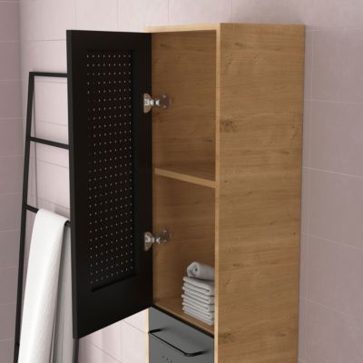 Meuble Salle de Bains 80 cm, Vasque Rectangle, Miroir et Colonne - Chêne naturel et Noir - UBY