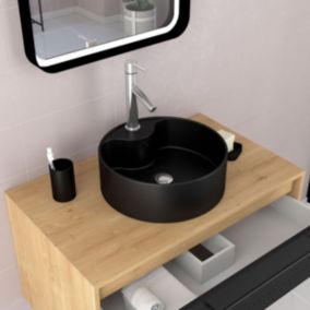 Meuble Salle de Bains 80 cm, Vasque Ronde, Miroir Led et Colonne - Chêne naturel et Noir - UBY