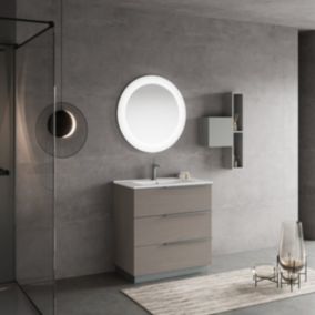 Meuble salle de bains 80cm avec 2 tiroirs gris frêne avec lavabo et miroir rond à led - new york