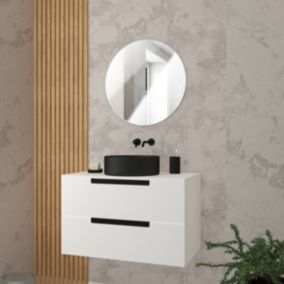 Meuble salle de bains 80cm Blanc Laque 2 tiroirs - Vasque Noire 36cm et Miroir Rond 60cm