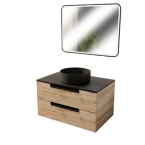 Meuble salle de bains 80cm Decor Bois et Noir, 2 Tiroirs, Vasque Noire 36cm et Miroir Led 80x60cm